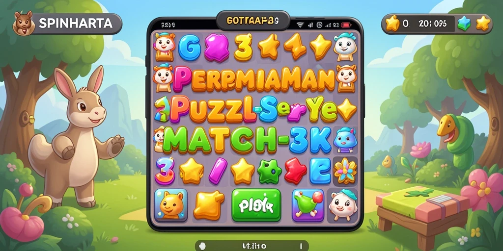 Tampilan antarmuka SPINHARTA yang menarik dan intuitif dalam game Puzzle Match-3.